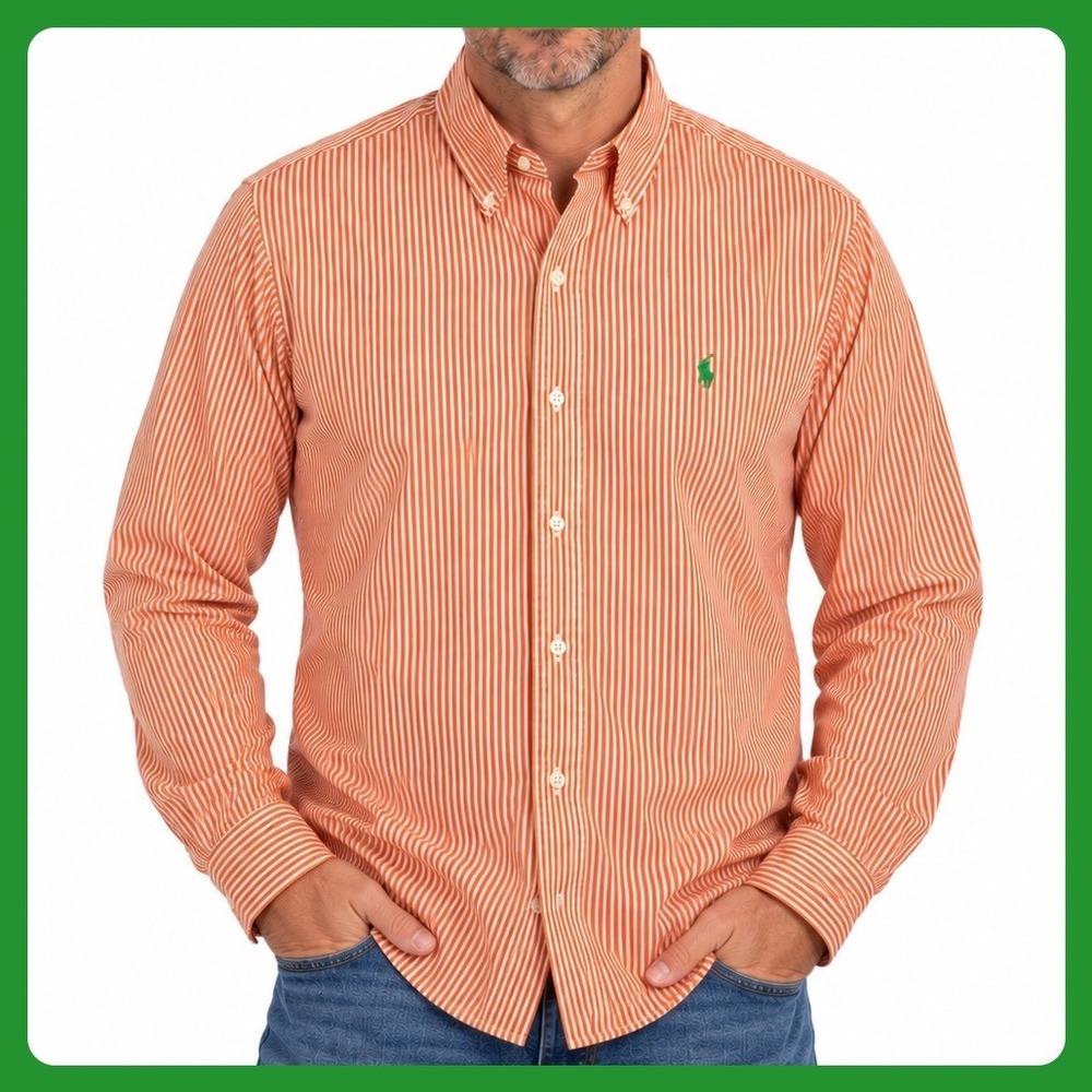 Ralph Lauren Button Down Shirt Men Large White Orange Striped Cotton Long Sleeve